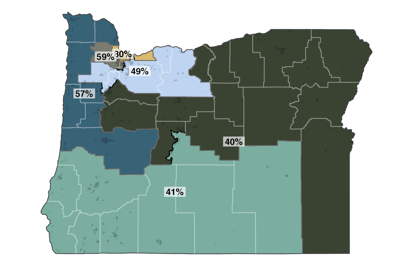 The sampled plan with the best combination of proportionality and representativeness, with Democratic vote shares labelled.