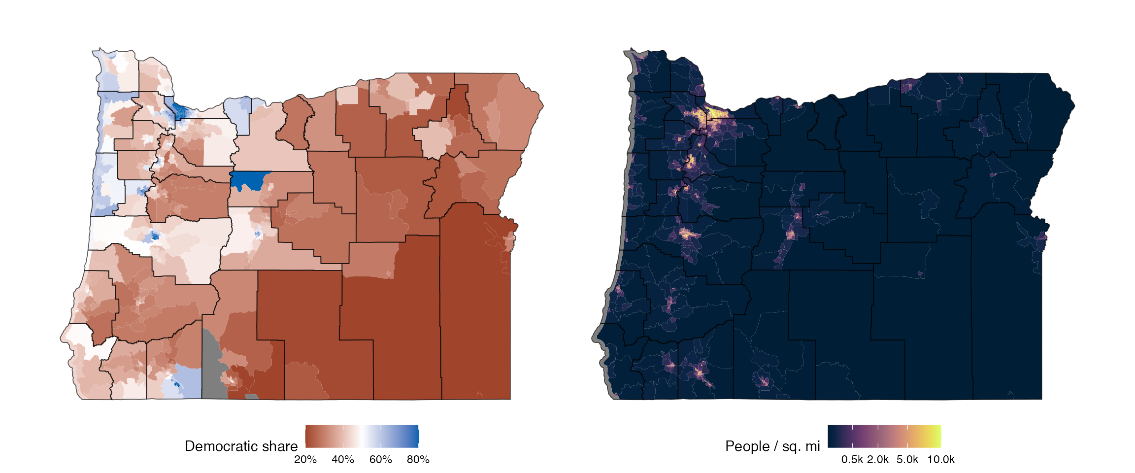 Population density and political patterns (2016 election) in Oregon.